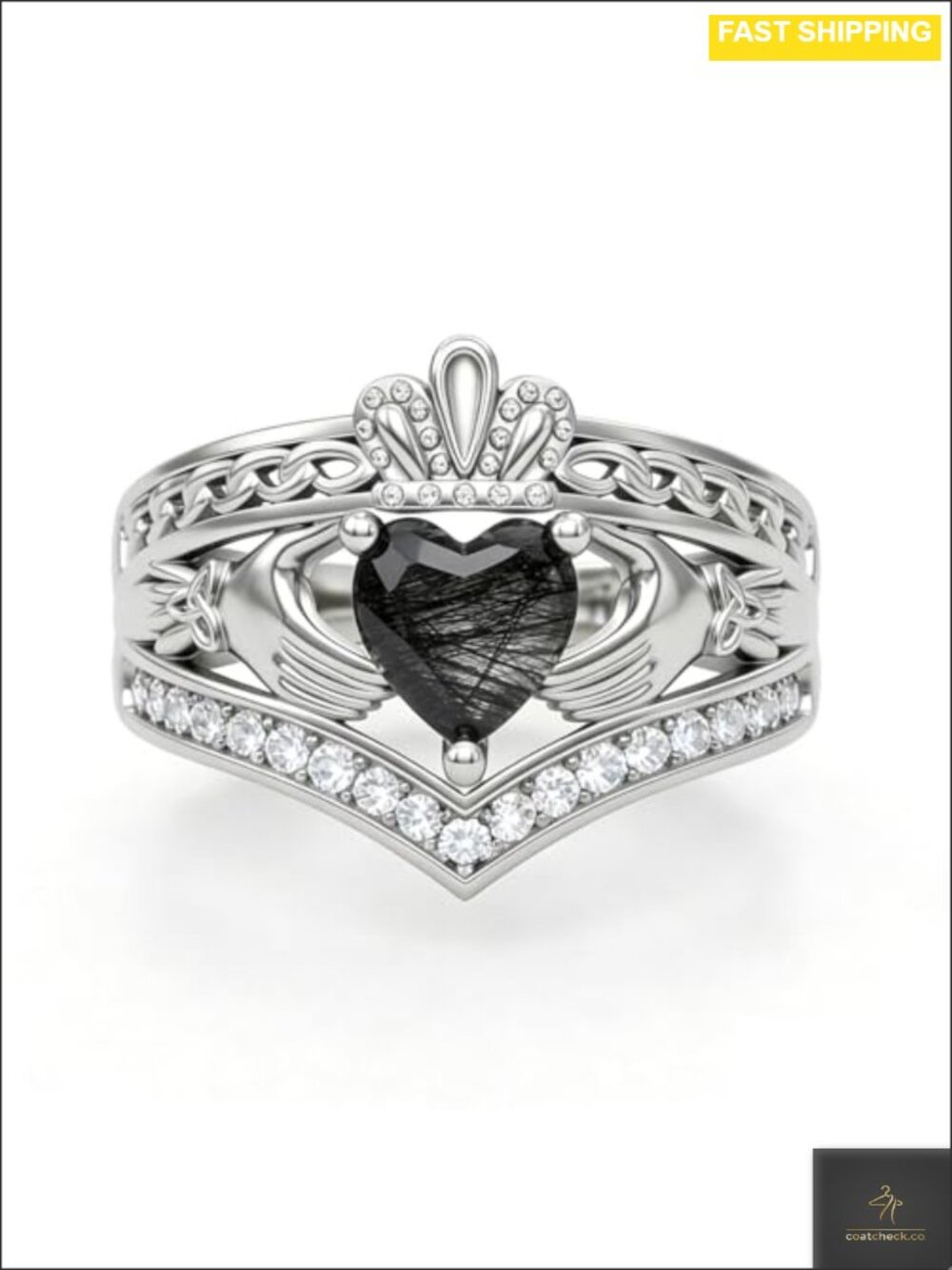 Claddagh Ring 925 Sterling Silver Irish Engagement Promise Ring with Black
